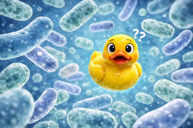 Illustration de bactéries intestinales, d’un article scientifique et d’un symbole de vérification autour du ME/CFS