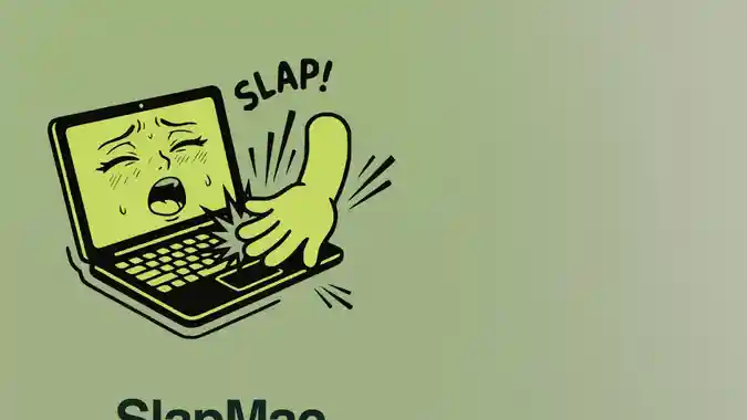 MacBook frappé à la main avec superposition de données d’accéléromètre visibles et forme d’onde audio de gémissements émis par l’application SlapMac