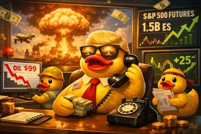 Trading screens showing oil and S&P 500 futures moving sharply ahead of a presidential Iran policy announcement